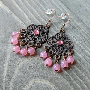 Antiqued Copper Filigree Chandelier Earrings with Pink Glass Beads & Rhinestone